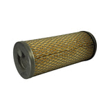 Three-quarter side view of the filter resting horizontally with the closed metal end facing the camera; shows mesh cage and pleat pattern along the body.