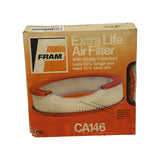 Front of Fram Extra Life Air Filter box, orange and tan colour scheme, large CA146 part number printed bottom centre, oval filter illustration in middle, Fram logo top left, Allied Signal text bottom left corner, barcode top edge, box shows shelf wear and edge crushing