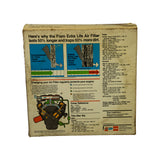 Back of box showing filter media cross-section comparison diagrams, engine airflow illustration, full vehicle applications list for Chrysler, Dodge, Plymouth, and Dodge Trucks, cross reference chart listing AC A134C, Lee AFL-52, Motorcraft FA-8, Purolator AFP-52 and PM-1033, Wix 42011, replaces Chrysler 2206376, 2463980, 2463983, 2951382, copyright 1987 Allied-Signal, Made in U.S.A.