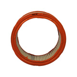 Top-down view of round filter showing concentric ring shape, orange plastisol moulded end cap with FRAM CA146 stamp, open centre with internal mesh visible, even pleat spacing