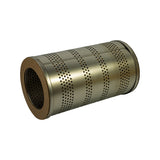 Opposite three-quarter angled view of the filter showing the other end cap and full length of the perforated canister body