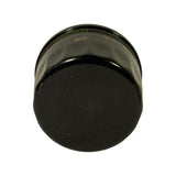 Top-down view of the closed domed end of the canister, smooth black painted finish with no markings on the dome itself.