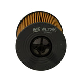 End-on view of the top plastic cap showing the spike valve, four-spoke central support and stamped marking 'WIX WL7295 3016D40'