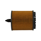 Side profile of the cartridge laid horizontally, showing pleat depth, the black spike valve protruding from one end and the slotted plastic locator ring at the opposite end