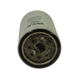 Base end of the filter showing the threaded mounting opening, two smaller inlet ports around the central thread, and the steel sealing-gasket groove, all sealed under shrink wrap