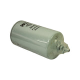 Angled view emphasising the petcock drain valve protruding from the closed end of the can with the WIX 33418 label visible on the body