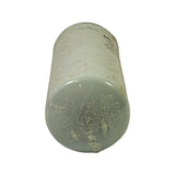 Angled end view of the closed bottom of the canister highlighting the domed steel end cap and the heavy shrink-wrap covering it