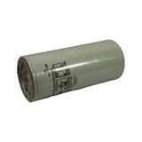 Three-quarter view from the open end showing both the installation instructions panel and the threaded centre hole at the base of the filter