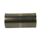 Filter laid horizontally, broadside view emphasising the smooth metal centre band that divides the upper and lower perforated zones