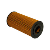 Three-quarter angled view of complete cartridge highlighting amber filter media and recessed end cap geometry