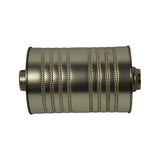 Horizontal side profile showing both end caps with central openings and the full beaded-slot perforation pattern down the outer steel wrapper.