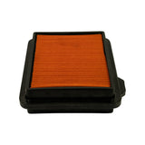 End-on profile view showing the depth of the rubber sealing frame and pleat height, with the locator tab visible at right