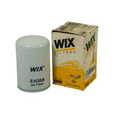 Filter stood beside its original WIX Filters cardboard box. Box shows yellow/white WIX livery, NASCAR Officially Licensed logo, Dana diamond logo, 'People Finding A Better Way' tagline, '51088' part number, and a barcode label.