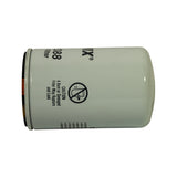Side view showing the moulded caution graphic and warning 'A Bent or Damaged Filter May Rupture and Leak', plus partial installation instructions running down the side of the canister.