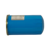 Filter laid horizontally showing full side profile, glossy blue paint finish, minor age-related yellowing on the bare metal seam at the gasket end