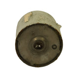 Bottom end view showing closed pressed-steel base with central dimple and recessed locating ring, edges of pleated paper element visible around the perimeter