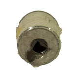 Top end of filter showing open central hole exposing the pleated paper filter media inside, light rust on the metal end cap