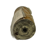 Bottom end view of element showing metal end cap with central hole, surrounded by small drilled holes in a circular pattern, still sealed in plastic