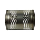 Side view of the perforated metal canister laid horizontally, banded perforation pattern visible across the full length
