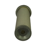 Top-down view down the length of the filter showing the open metal end cap with a fine mesh screen across the centre bore and the diamond wire mesh wrap running away to the closed end