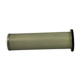 Filter laid on its side, full length view showing diamond-pattern wire mesh outer screen, plain metal closed end cap at left, rubber-sealed open end cap at right