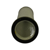 End-on close-up of the open end of the filter showing the black rubber sealing ring around a circular bore and the internal fine wire mesh inner support screen