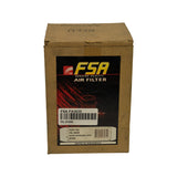 Front of FSA-branded cardboard box with red and yellow Air Filter graphic, FA3035 part number on barcode label, white sticker reading FSA FA3035 / FIL-01000, smaller white label below stating PART NO. FA 3035 INTERCHANGEABLE WITH A324, Made in Indonesia footer