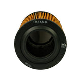 Top-down view of upper end cap showing FSA FA3035 stamping, partial MOENN stamping opposite, and a small Samurai cogwheel logo on the rubber rim, inner mesh support visible through the central opening