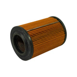 Filter laid on its side from the opposite end, showing the unmarked lower end cap, full pleat detail and the metal seam strip running down one side