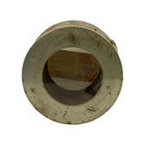 Opposite end-on view showing the closed metal end-cap with central bore opening; pleated paper element and inner support mesh visible inside, original side label partially visible through the opening