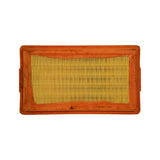 Top-down view of the panel filter showing rectangular orange frame, full pleat pattern of the yellow paper element and integrated side mounting tabs