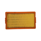 Underside top-down view of the same filter showing pleat pack from the clean-air side and perimeter sealing lip of the orange frame