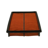 Short-edge end-on view of the filter showing the depth of the pleat pack and the sealing lip of the rubber frame; side mounting feet protrude from the frame base