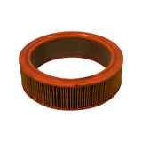 Side-on view of the cylindrical element resting on its end, orange metal frames top and bottom binding the pleated paper media, fine retention mesh visible through the central bore.