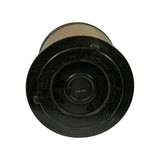 Three-quarter view of the closed-bottom end with the pleated media and metal mesh sidewall visible above, batch stamp 14D16M legible in the centre recess