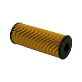 Side profile of the cartridge laid horizontally, pleated yellow cellulose media visible between two black moulded end caps, the lower cap showing the central bore