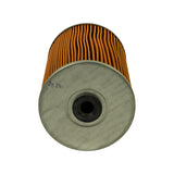 End-on view of one zinc-plated end cap, central rubber-grommeted hole, '26 DN I' stamping visible at the edge of the metal cap, pleat tips of the paper element framing the cap