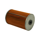 Side profile of the element lying horizontally, both metal end caps visible, full pleated paper height shown with a vertical seam strip running the length of the element