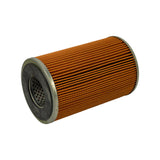 Three-quarter view of the element on its side, gasketed end cap in the foreground with the inner perforated steel tube visible through the bore, pleat structure and overall cylindrical proportions clear
