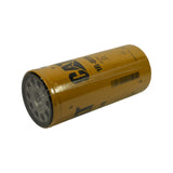 Side angle laid horizontally showing rear of canister with EAN-13 barcode label, recycling symbol, www.cat.com URL, and base end with threaded port and inlet hole ring at left