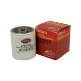 Filter canister standing beside its original red Luber-finer box. Box face shows LFF3415 with handwritten '33398' in black marker; both items together confirm boxed NOS condition.