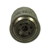 Base view of the filter looking down the open end, showing the central threaded mounting hole, four surrounding inlet holes and the steel sealing rim. Protective plastic film is bunched over the centre threads.