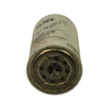 Threaded base end of filter showing the 1-12 UNF threaded centre hole surrounded by inlet holes, sealed under clear protective film; handwritten '24347' visible on the can side, internal SKU sticker FIL-01026 also on label