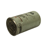 Opposite side angle of filter on its side showing threaded base, FIL-01026 internal SKU barcode sticker on the label, and rear side of the can with handwritten markings