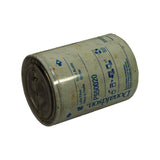 Three-quarter angled view of the dome end, blue directional arrows visible on the wrap label flanking the P550020 marking, dome end of canister in foreground.