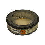 Opposite three-quarter angle showing the underside of the filter top plate through the shrink-wrap, a cardboard support disc inside the centre bore, and the side-mounted Ryco A24 / FIL-01034 label rotated