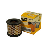 Filter element standing beside the WIX box, side-by-side view showing box graphics including WIX FILTERS logo, 42716 part number, internal stock label FIL-01036, and Affinia Family of Brands footer