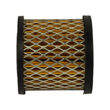 Straight-on side view of the cylindrical element, full pleated paper element wrapped in diamond expanded-metal screen between two flat rubber end caps