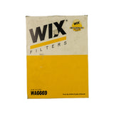 Front of Wix box in yellow and white livery with WIX FILTERS logo, NASCAR Performance badge, AIR FILTER WA6669 in lower left, From the Affinia Family of Brands tagline. Light scuffing on front face.