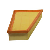 Front three-quarter view showing pleat depth, orange frame, and trapezoidal profile against a white background.
